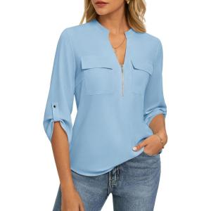 Womens Business Casual Tops,3/4 Sleeve Henley Shirts with Zip Up,Office Work Blouses Lightweight Summer(Blue)