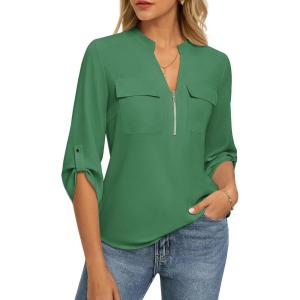Womens Business Casual Tops,3/4 Sleeve Henley Shirts with Zip Up,Office Work Blouses Lightweight Summer(Green)