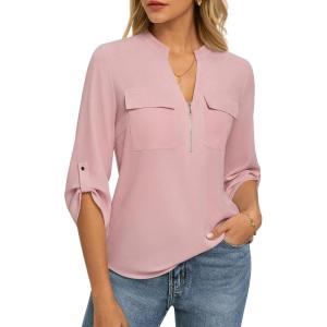 Womens Business Casual Tops,3/4 Sleeve Henley Shirts with Zip Up,Office Work Blouses Lightweight Summer(Pink)