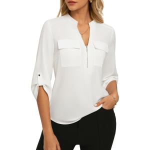 Womens Business Casual Tops,3/4 Sleeve Henley Shirts with Zip Up,Office Work Blouses Lightweight Summer(White)