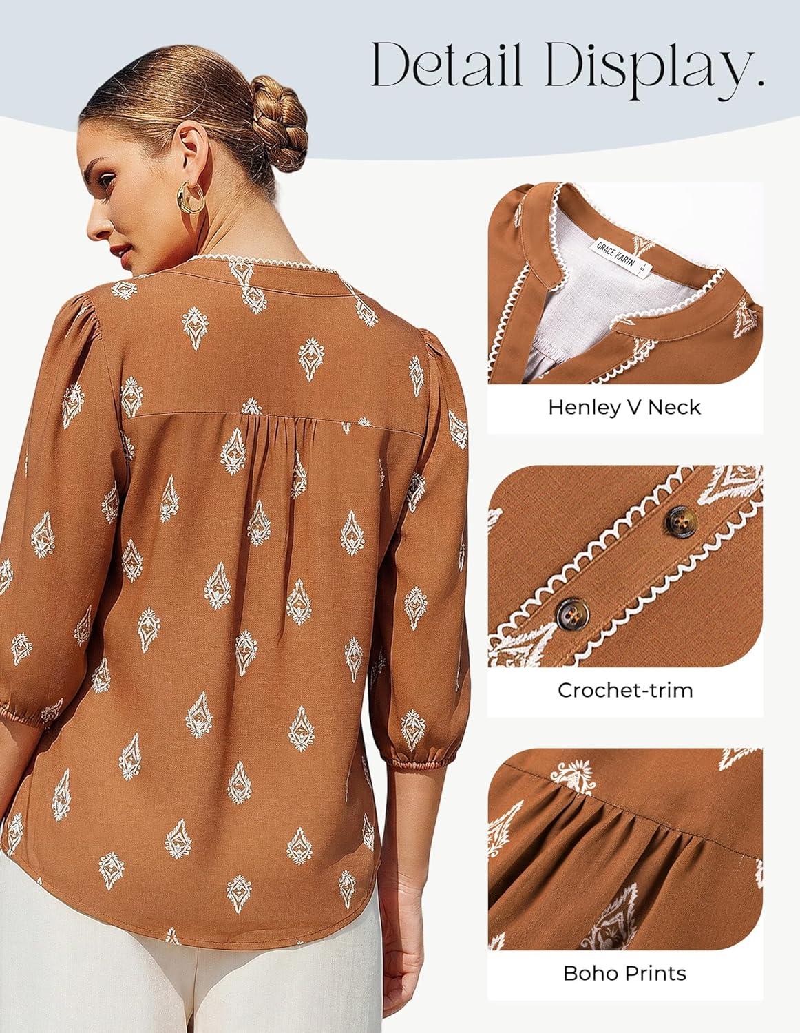imageGRACE KARIN Boho Tops for Women Summer Dressy Casual Floral Blouses V Neck Button Up 34 Sleeve Shirts for VacationBrown