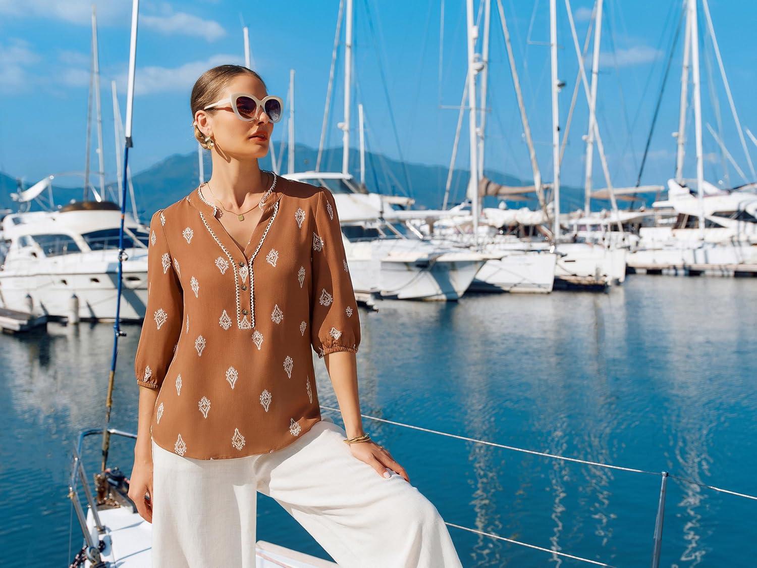 imageGRACE KARIN Boho Tops for Women Summer Dressy Casual Floral Blouses V Neck Button Up 34 Sleeve Shirts for VacationBrown