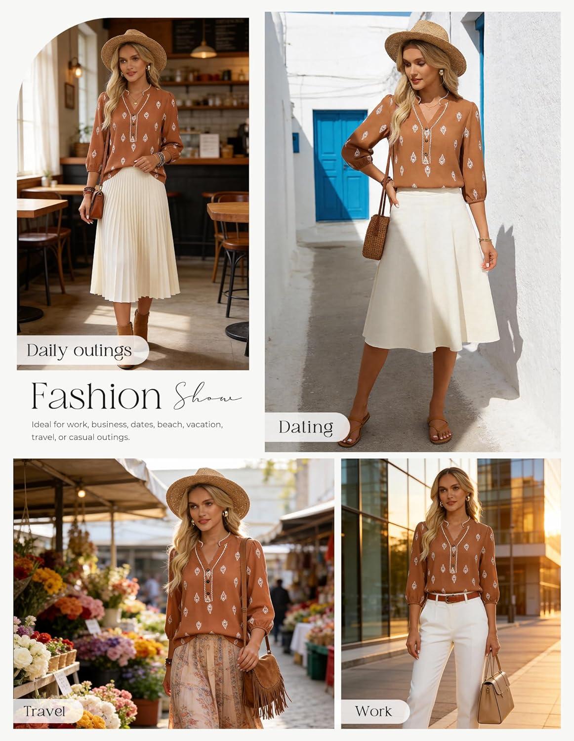 imageGRACE KARIN Boho Tops for Women Summer Dressy Casual Floral Blouses V Neck Button Up 34 Sleeve Shirts for VacationBrown