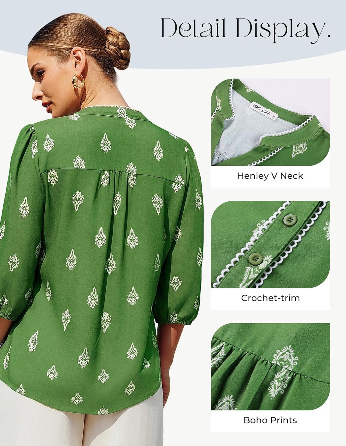imageGRACE KARIN Boho Tops for Women Summer Dressy Casual Floral Blouses V Neck Button Up 34 Sleeve Shirts for VacationDark Green