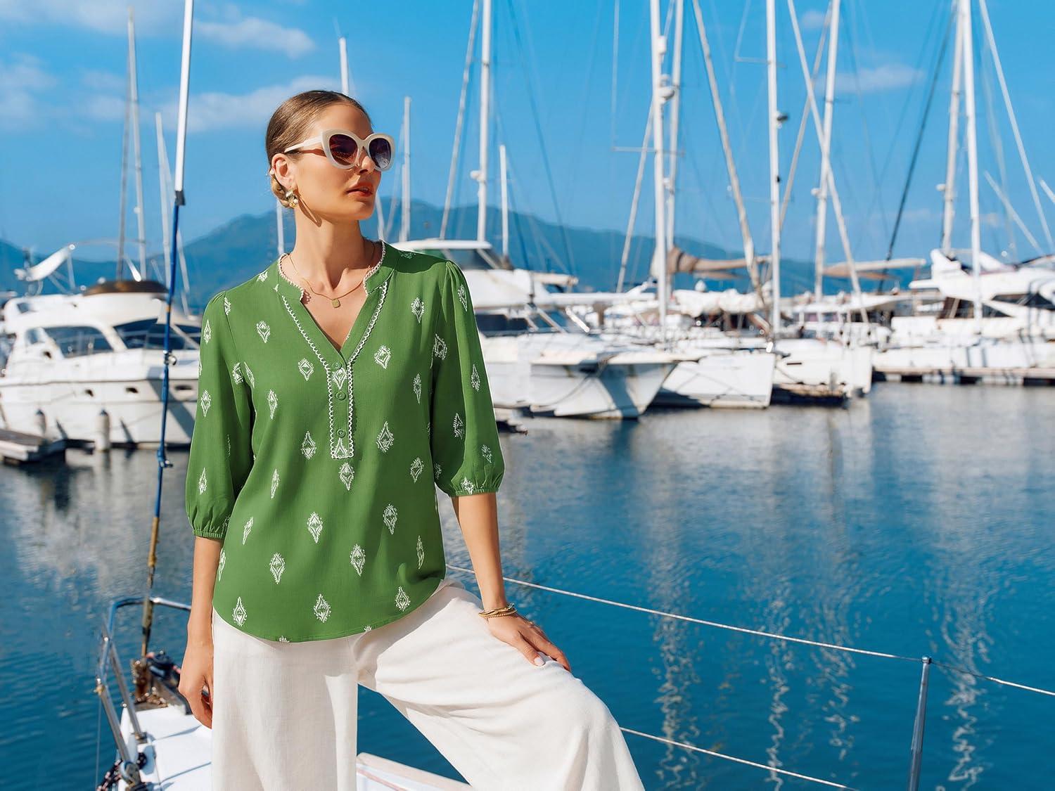 imageGRACE KARIN Boho Tops for Women Summer Dressy Casual Floral Blouses V Neck Button Up 34 Sleeve Shirts for VacationDark Green