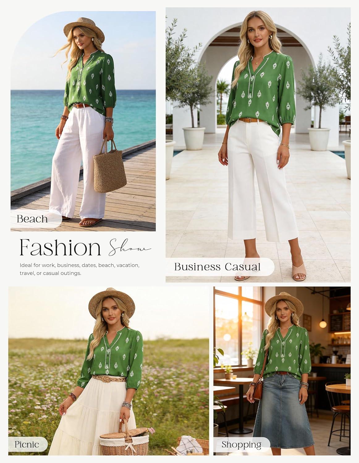 imageGRACE KARIN Boho Tops for Women Summer Dressy Casual Floral Blouses V Neck Button Up 34 Sleeve Shirts for VacationDark Green