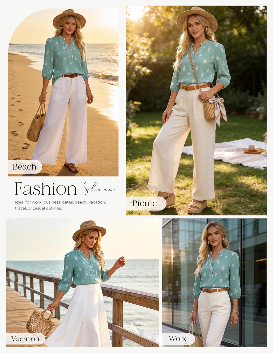 imageGRACE KARIN Boho Tops for Women Summer Dressy Casual Floral Blouses V Neck Button Up 34 Sleeve Shirts for VacationLight Green