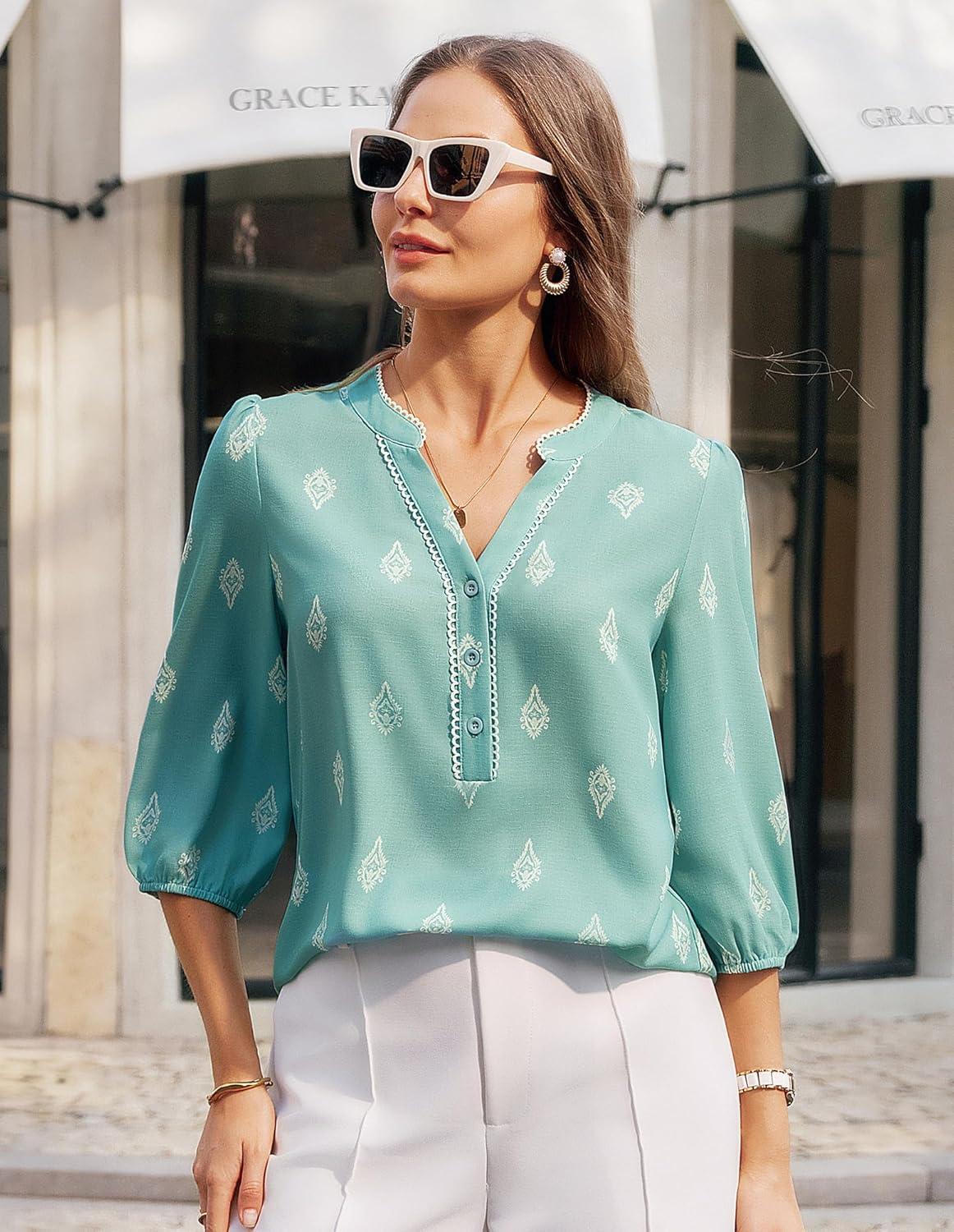 imageGRACE KARIN Boho Tops for Women Summer Dressy Casual Floral Blouses V Neck Button Up 34 Sleeve Shirts for VacationLight Green