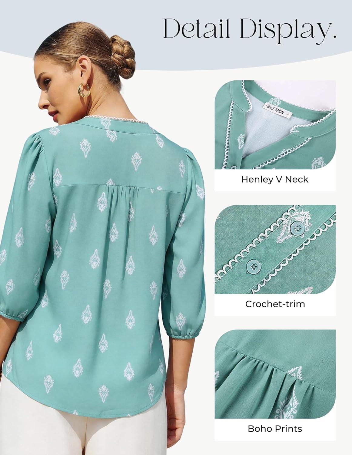 imageGRACE KARIN Boho Tops for Women Summer Dressy Casual Floral Blouses V Neck Button Up 34 Sleeve Shirts for VacationLight Green