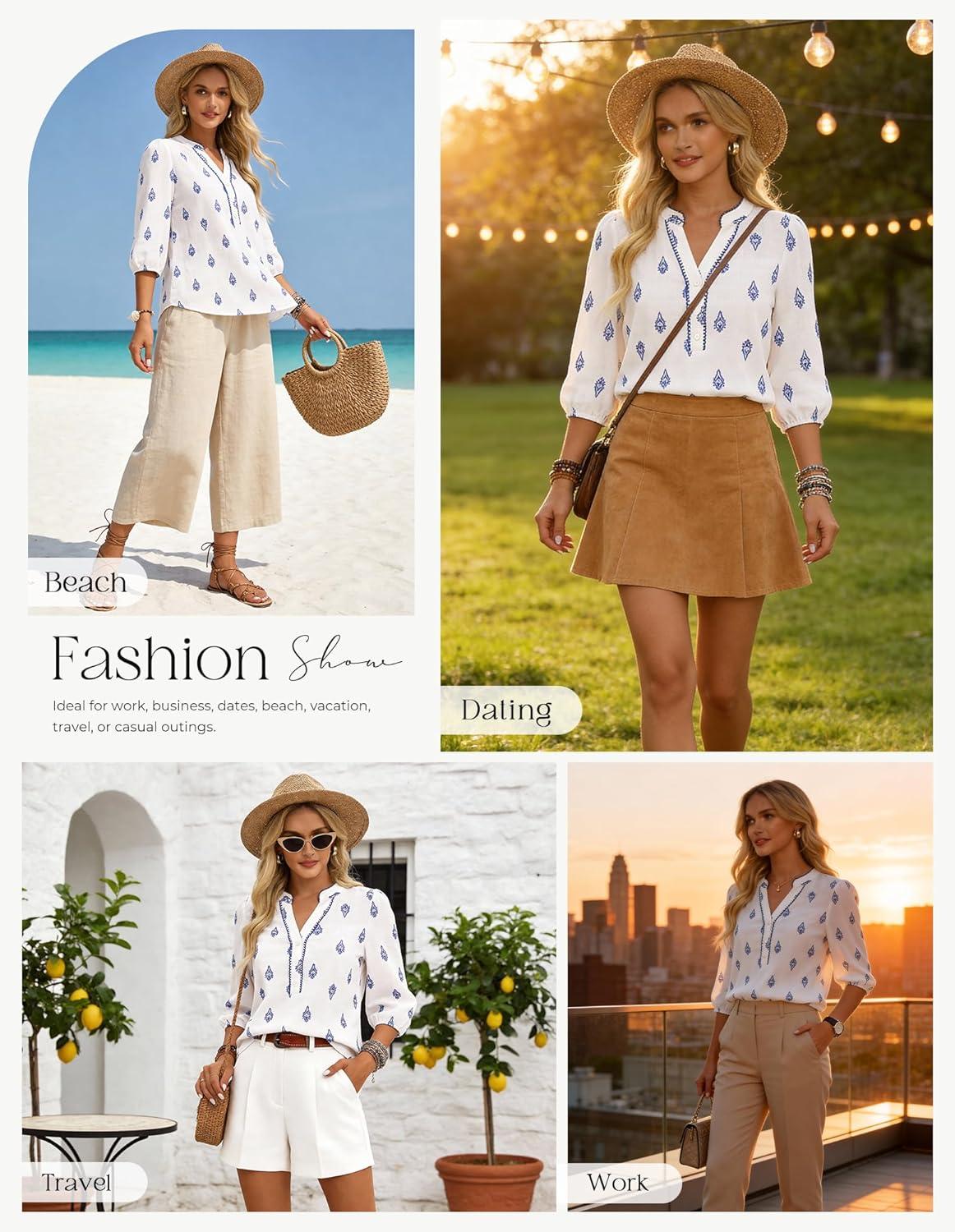 imageGRACE KARIN Boho Tops for Women Summer Dressy Casual Floral Blouses V Neck Button Up 34 Sleeve Shirts for VacationWhite Blue
