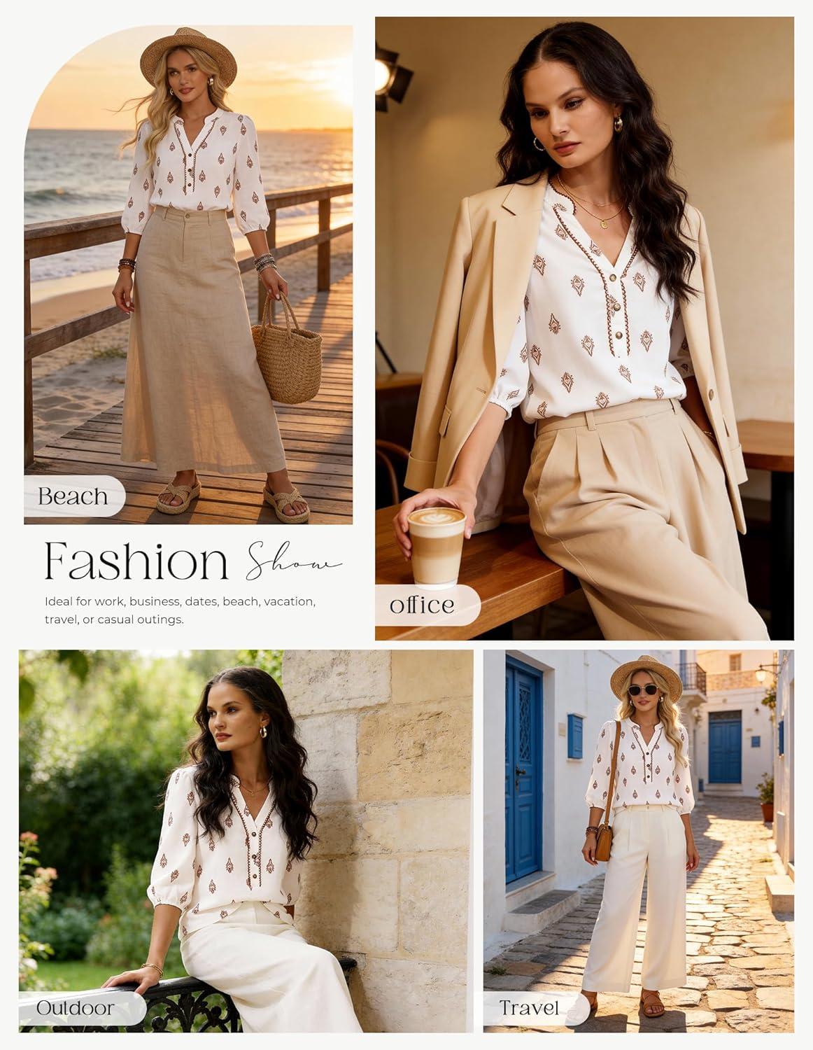 imageGRACE KARIN Boho Tops for Women Summer Dressy Casual Floral Blouses V Neck Button Up 34 Sleeve Shirts for VacationWhite Brown