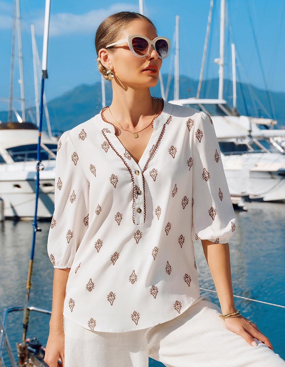 imageGRACE KARIN Boho Tops for Women Summer Dressy Casual Floral Blouses V Neck Button Up 34 Sleeve Shirts for VacationWhite Brown