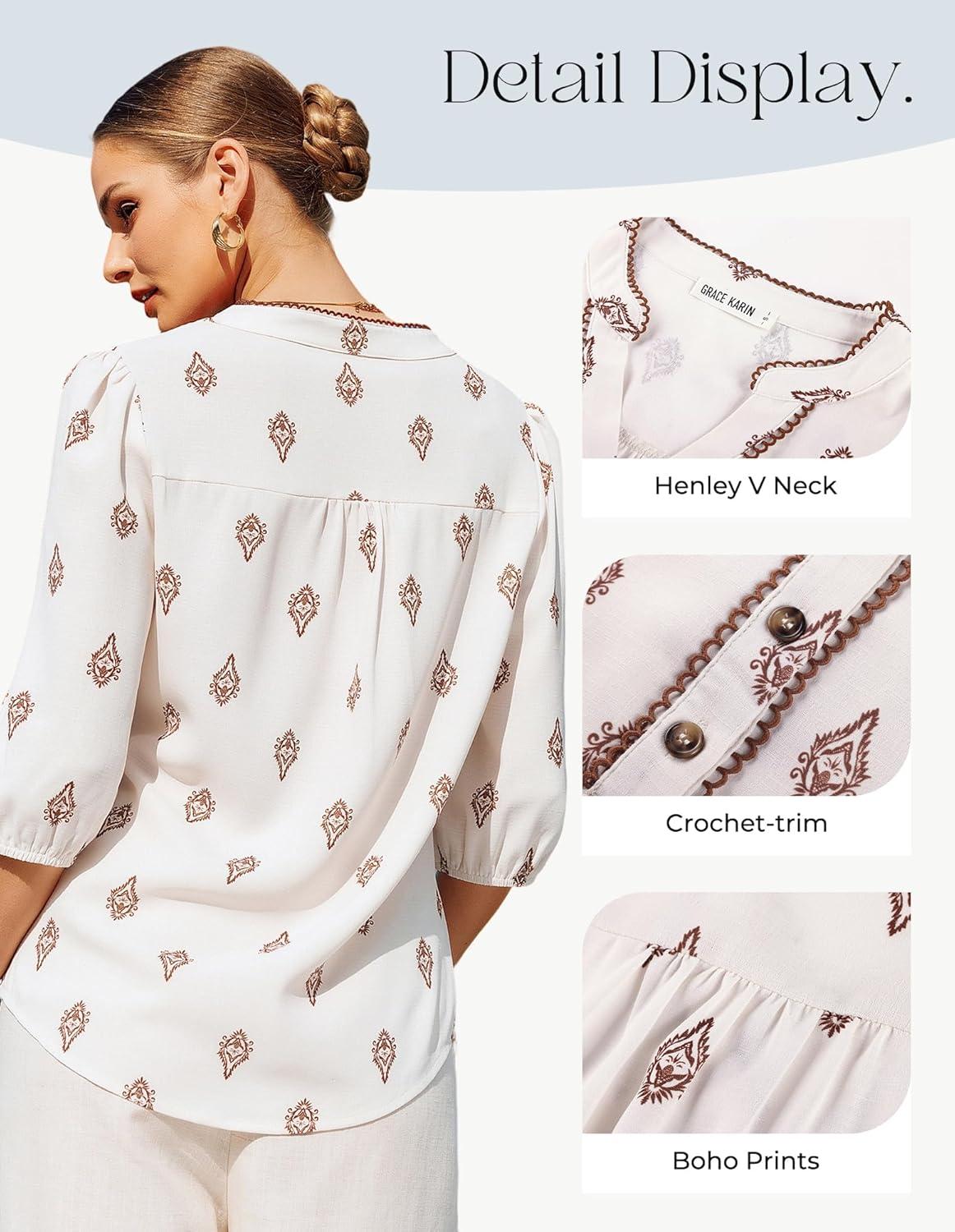 imageGRACE KARIN Boho Tops for Women Summer Dressy Casual Floral Blouses V Neck Button Up 34 Sleeve Shirts for VacationWhite Brown