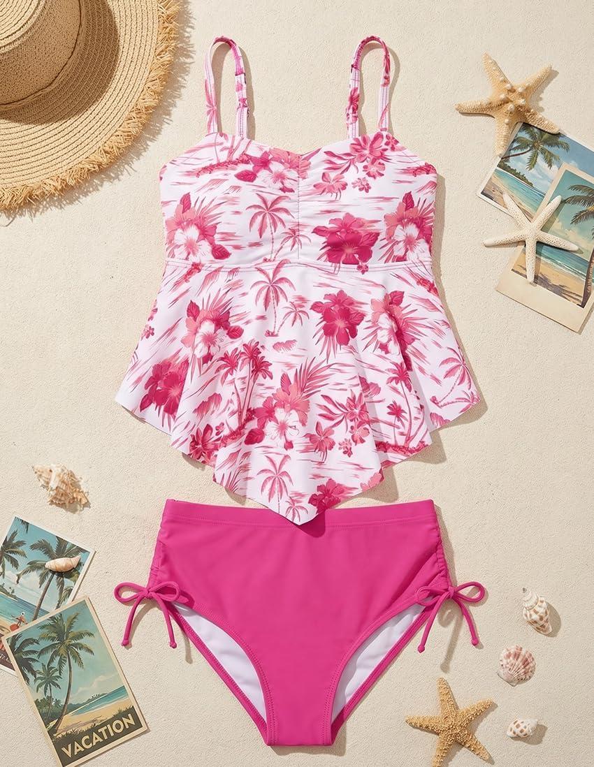 imageGRACE KARIN Girls Tankini Swimsuit Swimwear Teen Cute Ruffle Bathing Suit Kids 2 Piece Shirred Bikini Set with Padded 816Hot Pink Floral