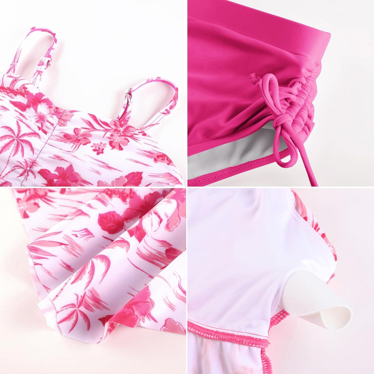 imageGRACE KARIN Girls Tankini Swimsuit Swimwear Teen Cute Ruffle Bathing Suit Kids 2 Piece Shirred Bikini Set with Padded 816Hot Pink Floral