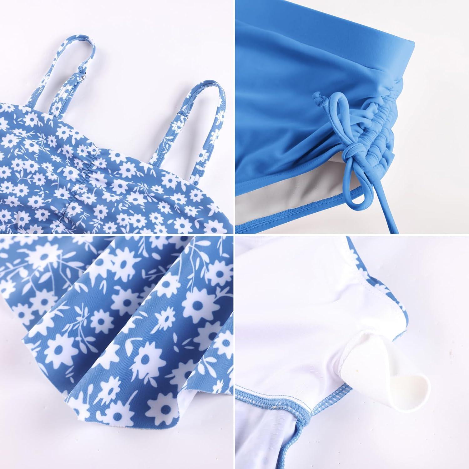 imageGRACE KARIN Girls Tankini Swimsuit Swimwear Teen Cute Ruffle Bathing Suit Kids 2 Piece Shirred Bikini Set with Padded 816Sky Blue Daisy