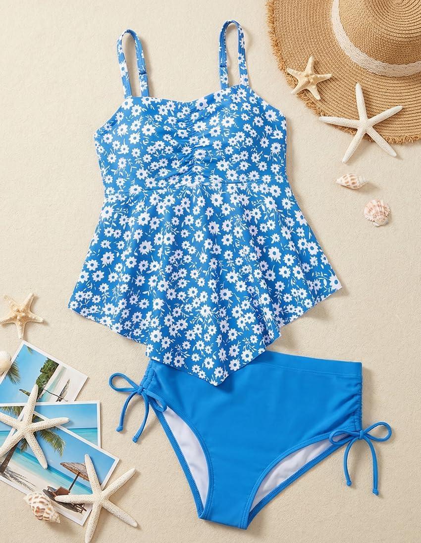 imageGRACE KARIN Girls Tankini Swimsuit Swimwear Teen Cute Ruffle Bathing Suit Kids 2 Piece Shirred Bikini Set with Padded 816Sky Blue Daisy