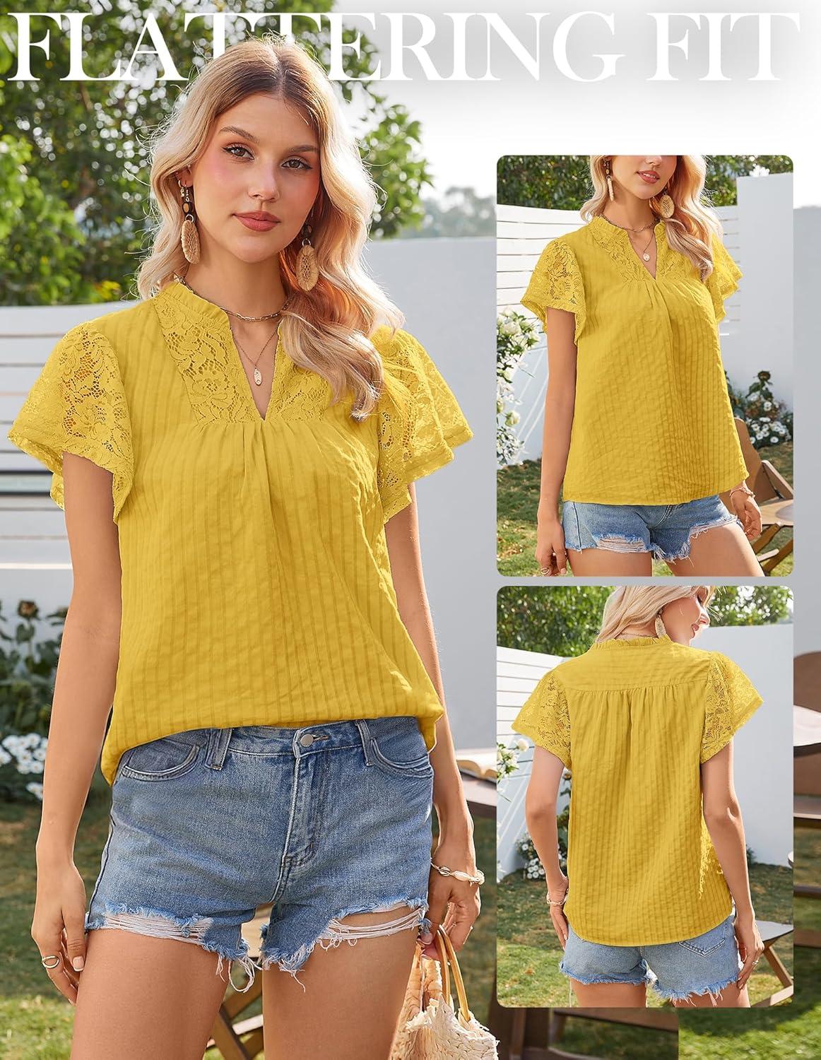 imageGRACE KARIN Womens Lace Short Sleeve Tops Summer Dressy Casual Cotton Blouses Flowy V Neck Dress Shirts Trendy Clothing 2026Mustard Yellow