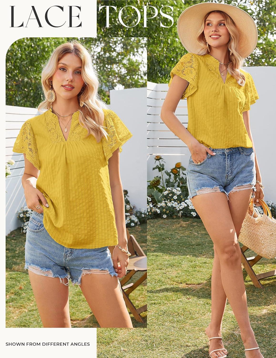 imageGRACE KARIN Womens Lace Short Sleeve Tops Summer Dressy Casual Cotton Blouses Flowy V Neck Dress Shirts Trendy Clothing 2026Mustard Yellow