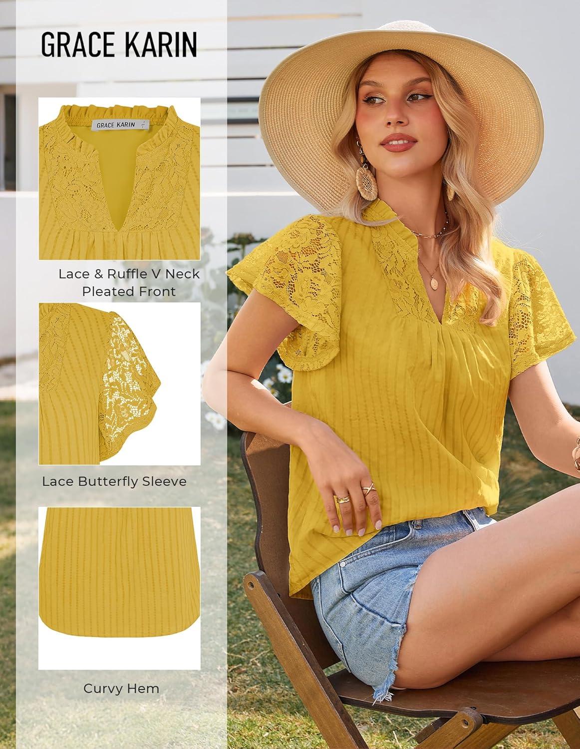 imageGRACE KARIN Womens Lace Short Sleeve Tops Summer Dressy Casual Cotton Blouses Flowy V Neck Dress Shirts Trendy Clothing 2026Mustard Yellow