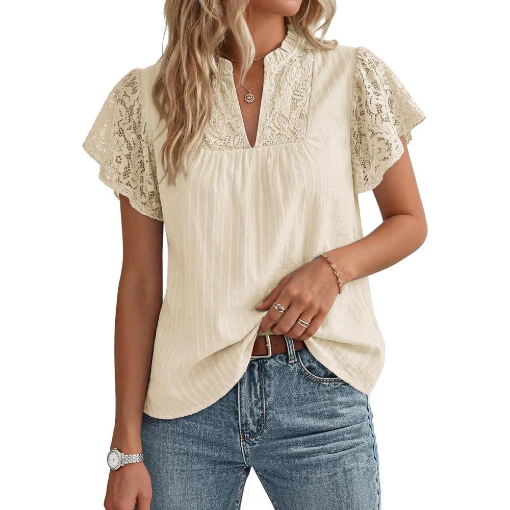 imageGRACE KARIN Womens Lace Short Sleeve Tops Summer Dressy Casual Cotton Blouses Flowy V Neck Dress Shirts Trendy Clothing 2026Apricot