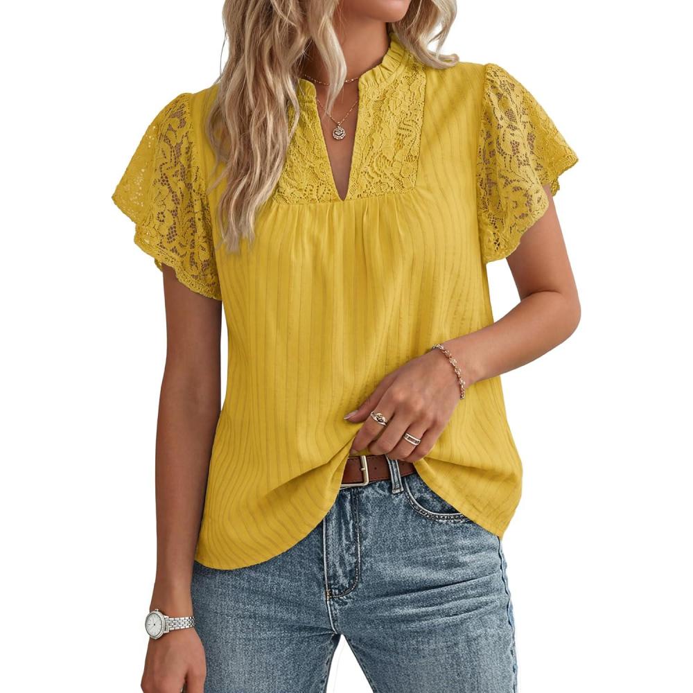 imageGRACE KARIN Womens Lace Short Sleeve Tops Summer Dressy Casual Cotton Blouses Flowy V Neck Dress Shirts Trendy Clothing 2026Mustard Yellow