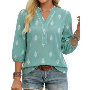 GRACE KARIN Boho Tops for Women Summer, Dressy Casual Floral Blouses, V Neck Button Up 3/4 Sleeve Shirts for Vacation(Light Green)