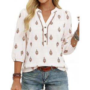 GRACE KARIN Boho Tops for Women Summer, Dressy Casual Floral Blouses, V Neck Button Up 3/4 Sleeve Shirts for Vacation(White Brown)