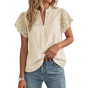GRACE KARIN Womens Lace Short Sleeve Tops Summer Dressy Casual Cotton Blouses Flowy V Neck Dress Shirts Trendy Clothing 2026(Apricot)