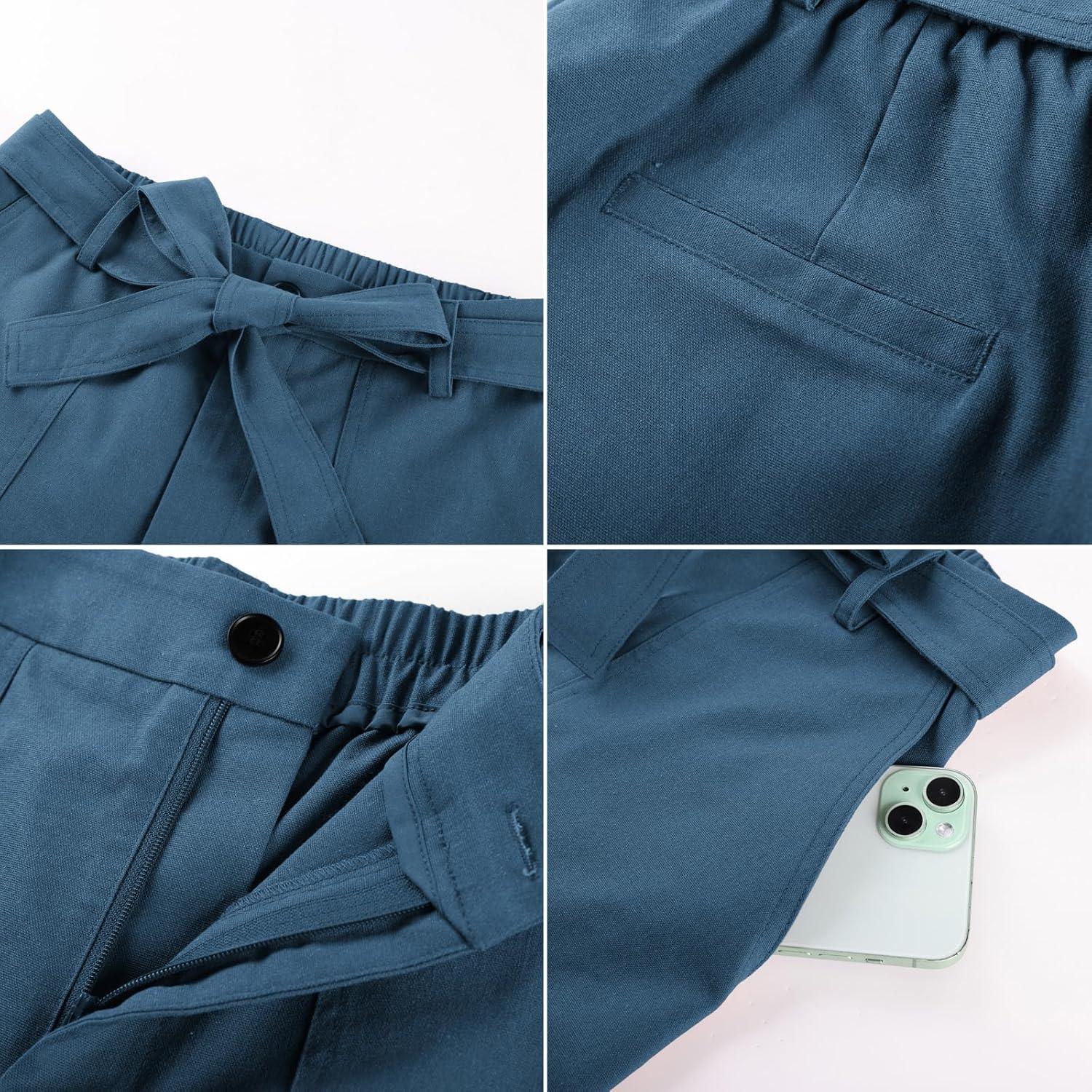 imageGRACE KARIN Womens Summer Linen Shorts High Waisted Casual Tie Wasit Short Pants with PocketsBlue