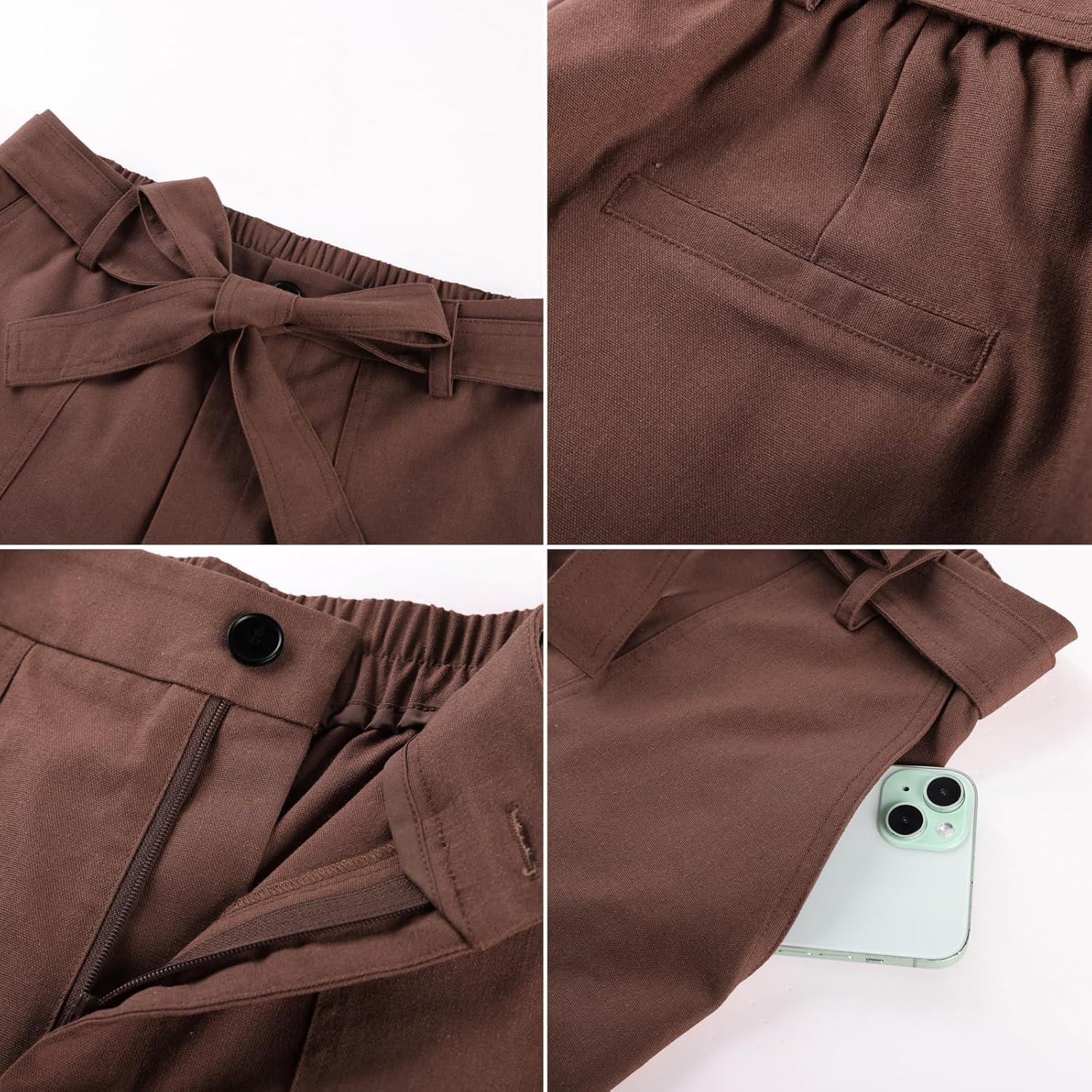 imageGRACE KARIN Womens Summer Linen Shorts High Waisted Casual Tie Wasit Short Pants with PocketsBrown