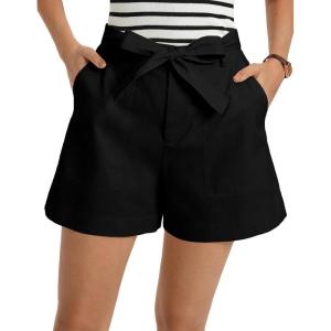 GRACE KARIN Womens Summer Linen Shorts High Waisted Casual Tie Wasit Short Pants with Pockets(Black)