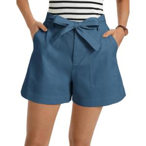 GRACE KARIN Womens Summer Linen Shorts High Waisted Casual Tie Wasit Short Pants with Pockets(Blue)