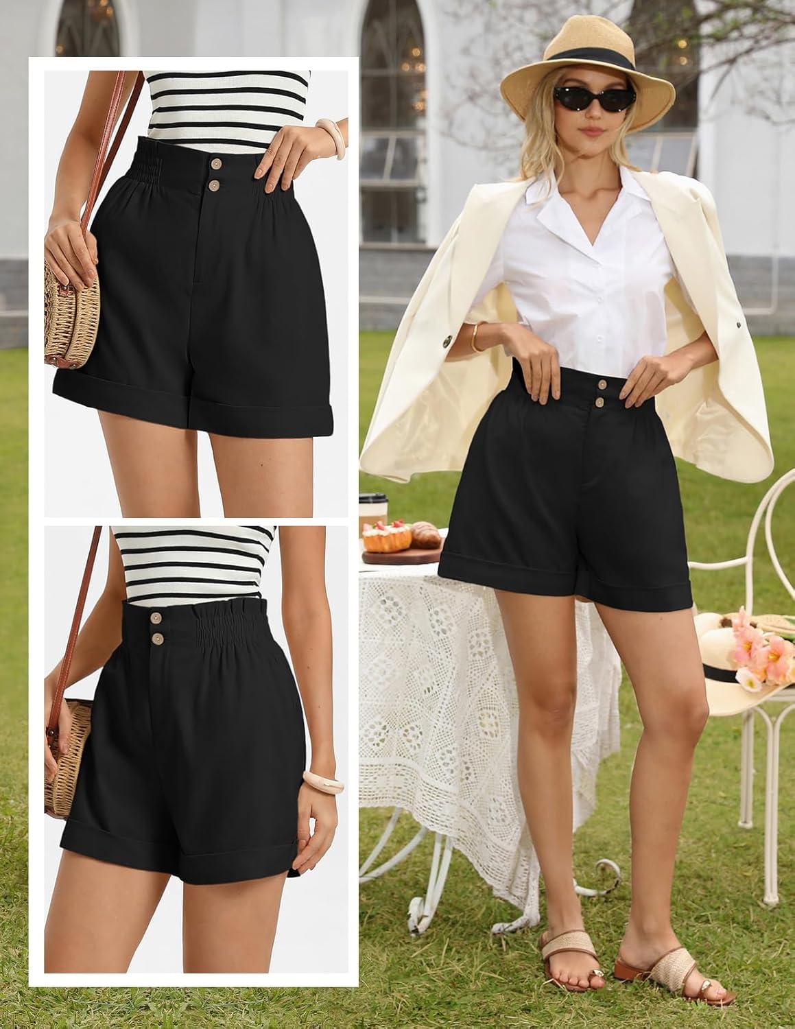 imageGRACE KARIN Linen Shorts for Women Summer Beach Vacation Aline Wide Leg High Waist Shorts Comfy Lounge with PocketsBlack