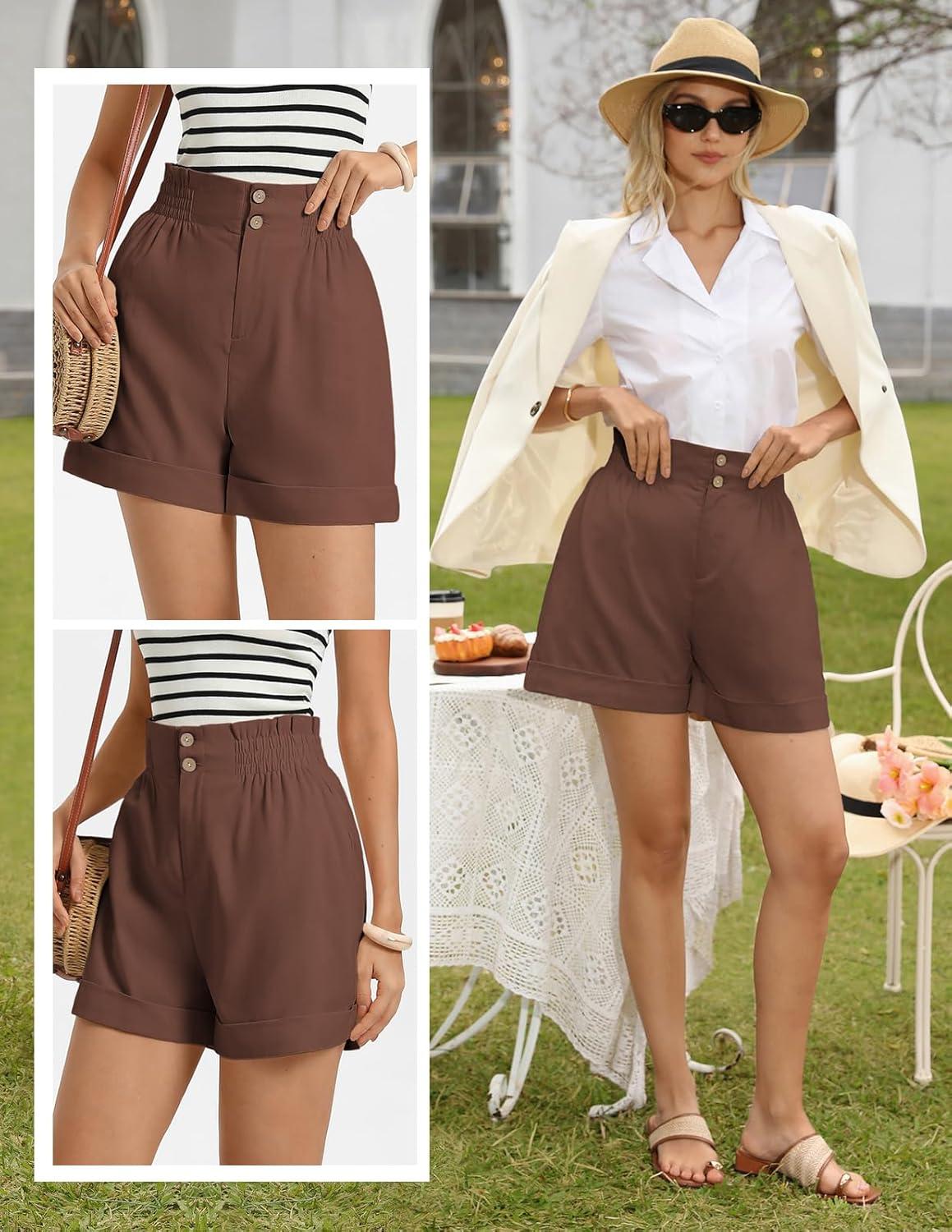 imageGRACE KARIN Linen Shorts for Women Summer Beach Vacation Aline Wide Leg High Waist Shorts Comfy Lounge with PocketsBrown