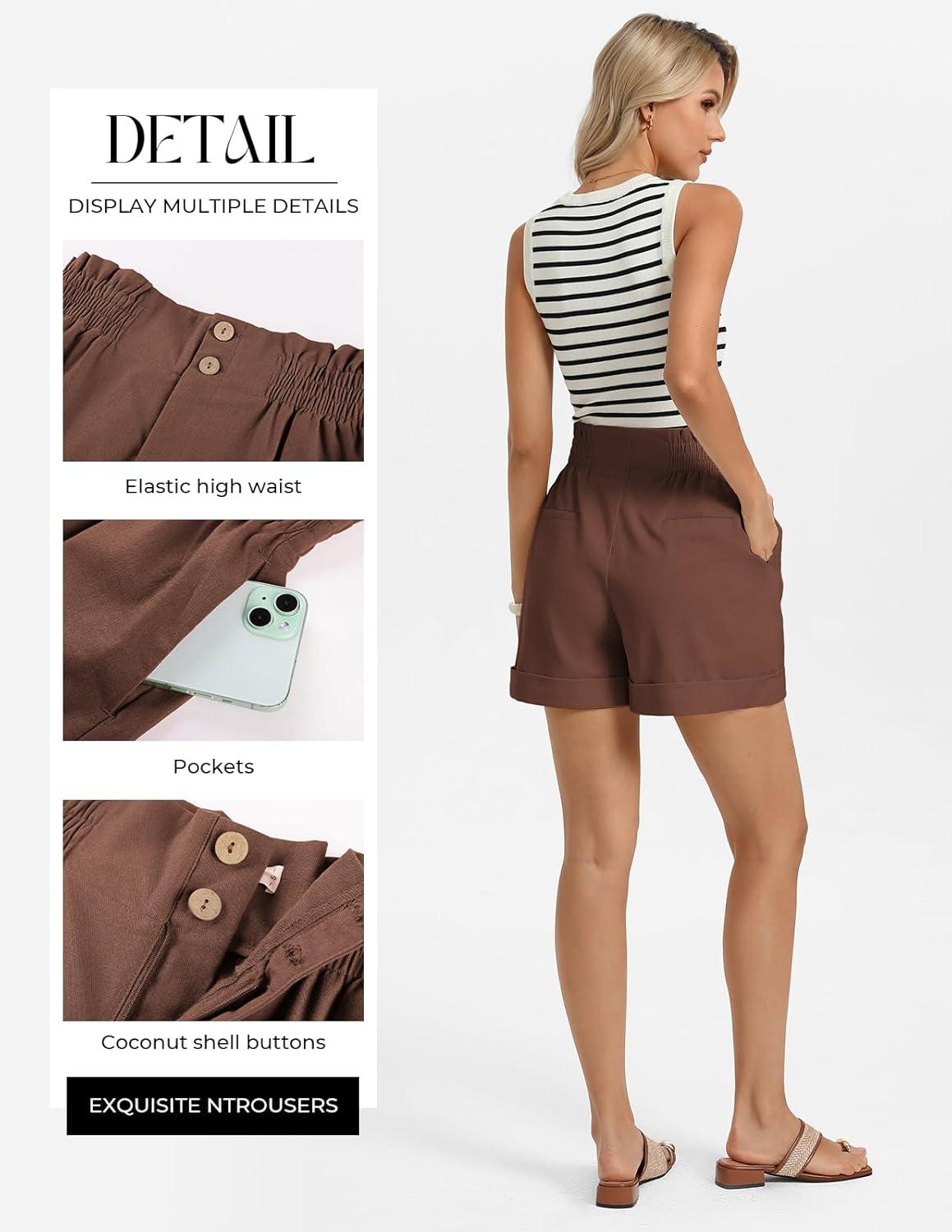 imageGRACE KARIN Linen Shorts for Women Summer Beach Vacation Aline Wide Leg High Waist Shorts Comfy Lounge with PocketsBrown