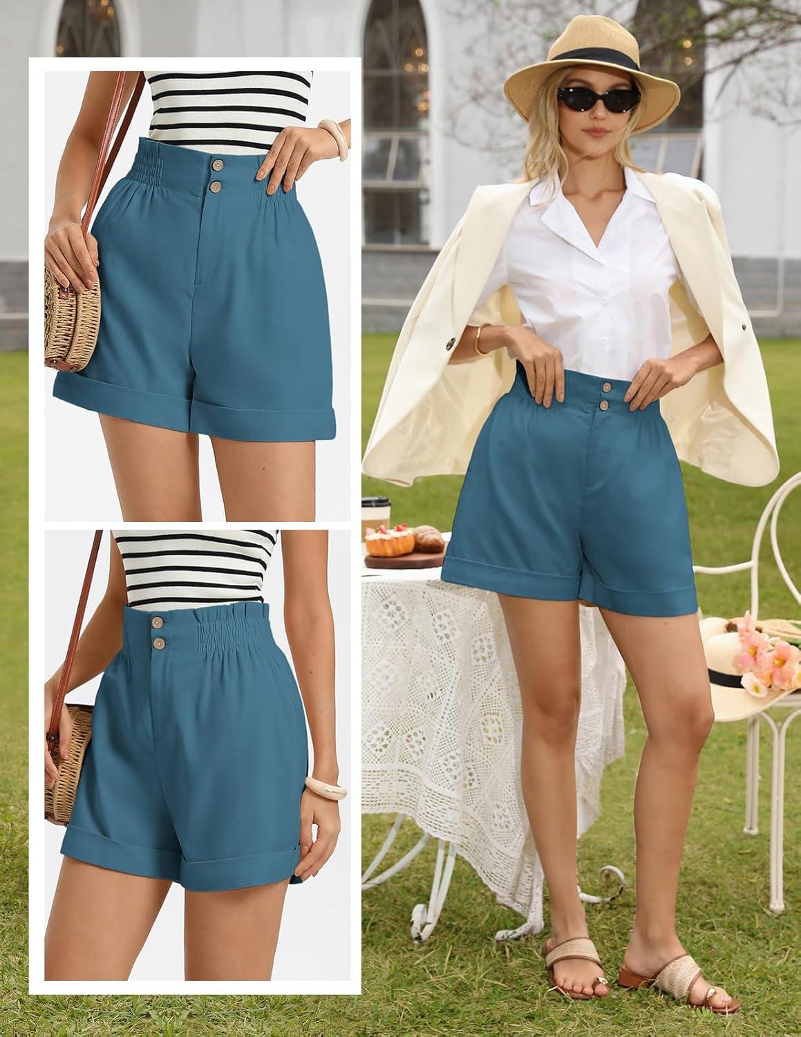 imageGRACE KARIN Linen Shorts for Women Summer Beach Vacation Aline Wide Leg High Waist Shorts Comfy Lounge with PocketsDenim Blue