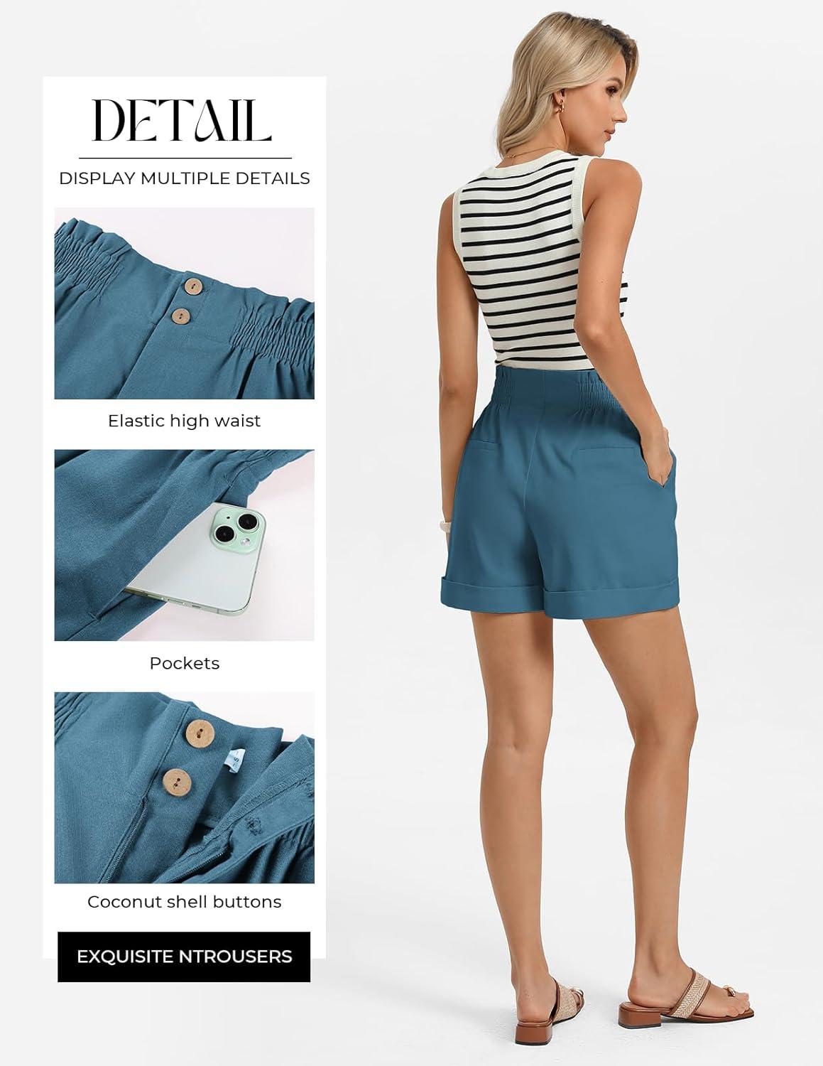 imageGRACE KARIN Linen Shorts for Women Summer Beach Vacation Aline Wide Leg High Waist Shorts Comfy Lounge with PocketsDenim Blue