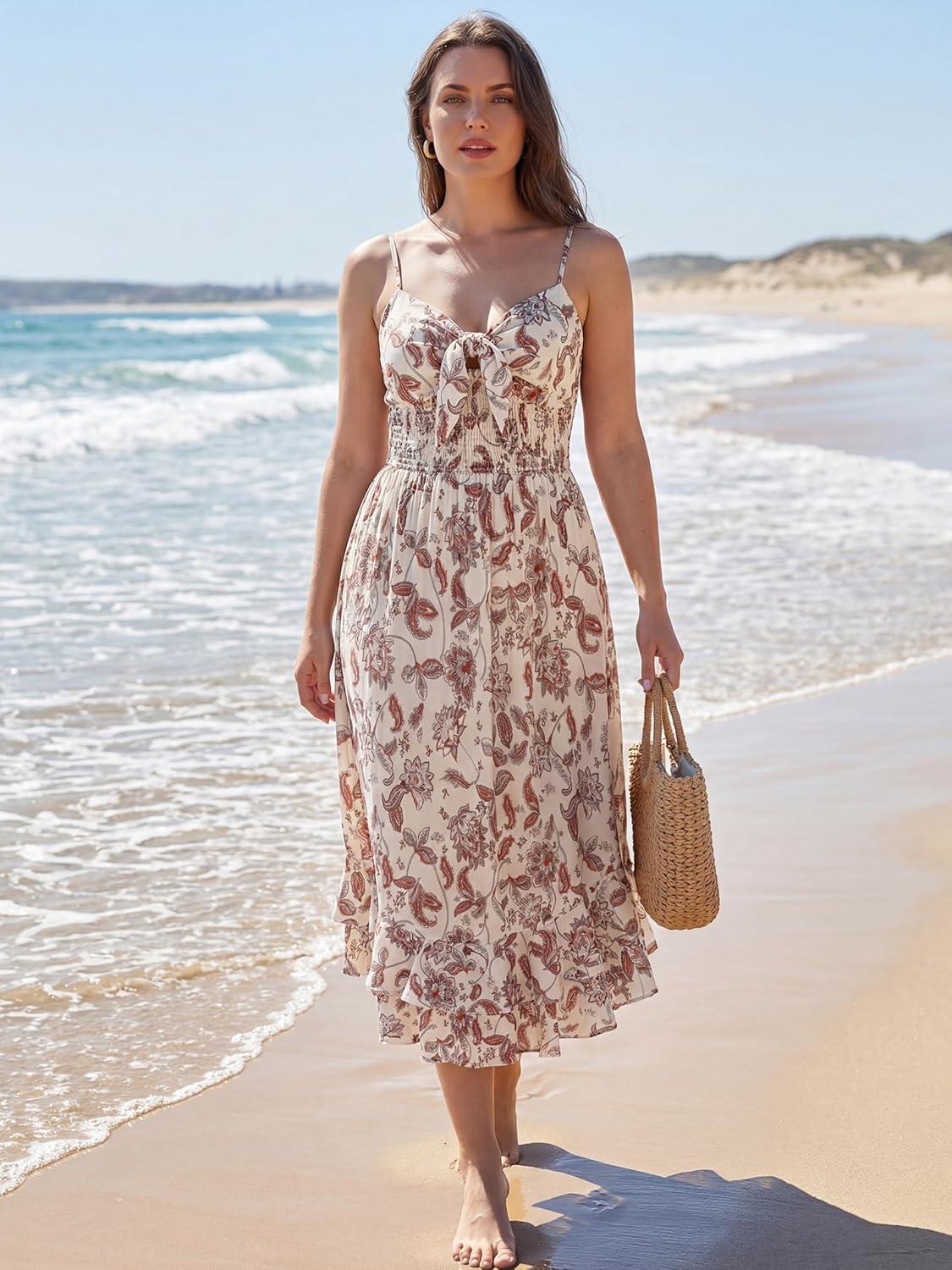 imageGRACE KARIN Womens Maxi Floral Sundresses Summer Beach Boho Dress Spaghetti Strap Dresses Casual Fashion Clothes with PocketsBeige Floral