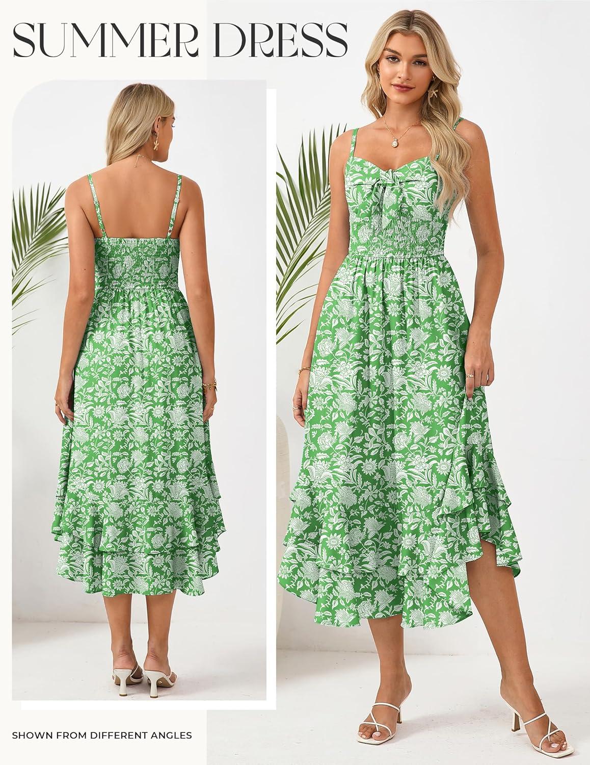 imageGRACE KARIN Womens Maxi Floral Sundresses Summer Beach Boho Dress Spaghetti Strap Dresses Casual Fashion Clothes with PocketsGreen and White Floral