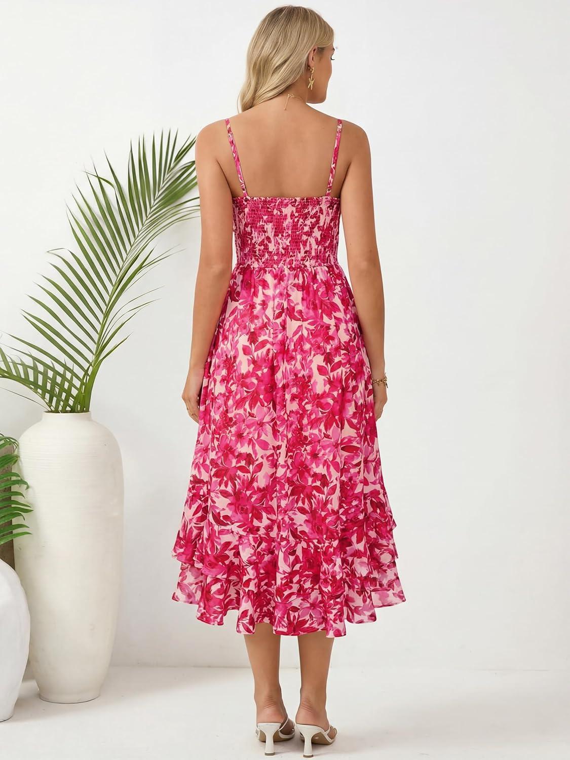 imageGRACE KARIN Womens Maxi Floral Sundresses Summer Beach Boho Dress Spaghetti Strap Dresses Casual Fashion Clothes with PocketsHot Pink Floral