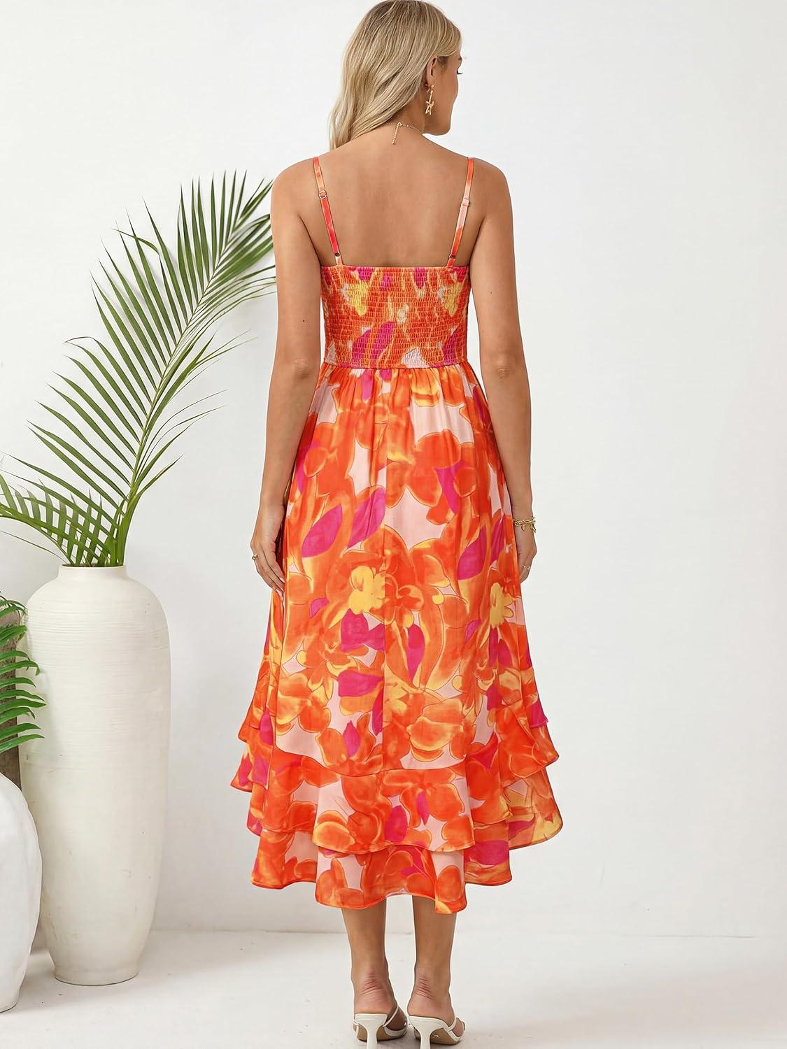 imageGRACE KARIN Womens Maxi Floral Sundresses Summer Beach Boho Dress Spaghetti Strap Dresses Casual Fashion Clothes with PocketsOrange Floral
