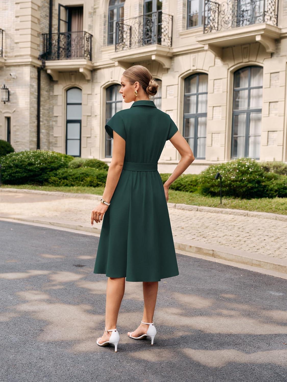 imageGRACE KARIN Womens Short Sleeve Shirt Dresses 2026 Summer Midi Button Down Dress Work Business Casual Dress with PocketsDark Green