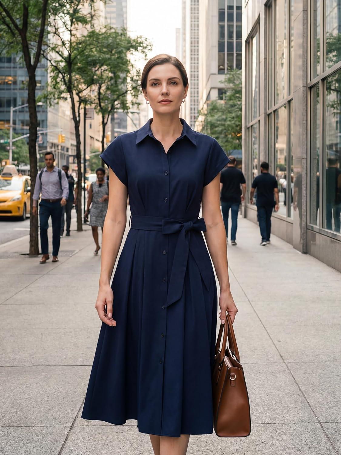 imageGRACE KARIN Womens Short Sleeve Shirt Dresses 2026 Summer Midi Button Down Dress Work Business Casual Dress with PocketsNavy Bue