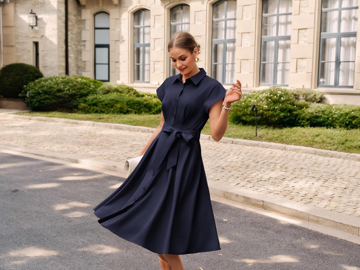 imageGRACE KARIN Womens Short Sleeve Shirt Dresses 2026 Summer Midi Button Down Dress Work Business Casual Dress with PocketsNavy Bue