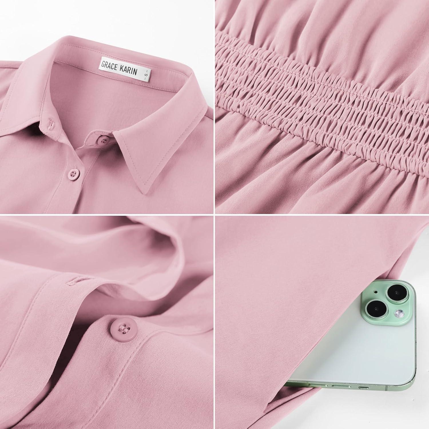 imageGRACE KARIN Womens Short Sleeve Shirt Dresses 2026 Summer Midi Button Down Dress Work Business Casual Dress with PocketsPink