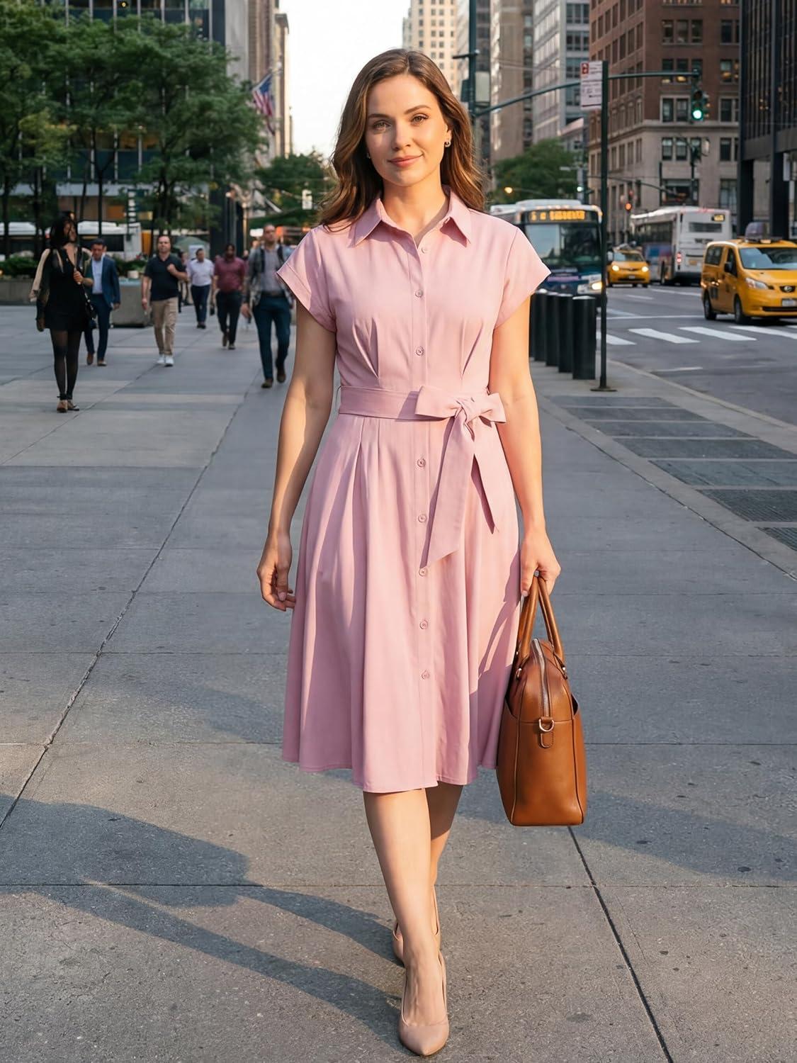 imageGRACE KARIN Womens Short Sleeve Shirt Dresses 2026 Summer Midi Button Down Dress Work Business Casual Dress with PocketsPink