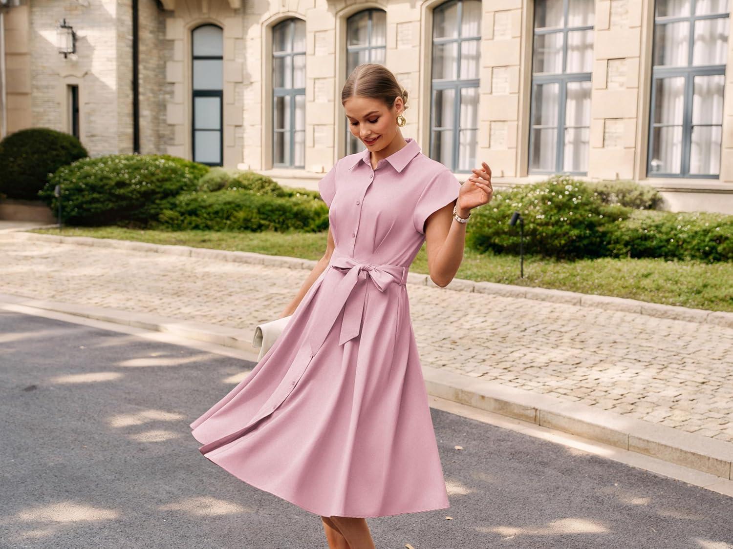 imageGRACE KARIN Womens Short Sleeve Shirt Dresses 2026 Summer Midi Button Down Dress Work Business Casual Dress with PocketsPink