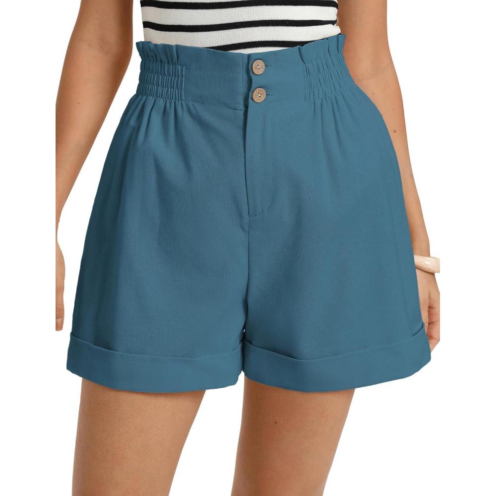imageGRACE KARIN Linen Shorts for Women Summer Beach Vacation Aline Wide Leg High Waist Shorts Comfy Lounge with PocketsDenim Blue