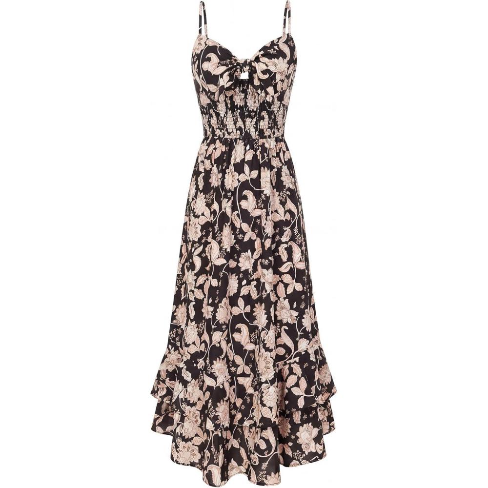 imageGRACE KARIN Womens Maxi Floral Sundresses Summer Beach Boho Dress Spaghetti Strap Dresses Casual Fashion Clothes with PocketsBlack and Beige Floral